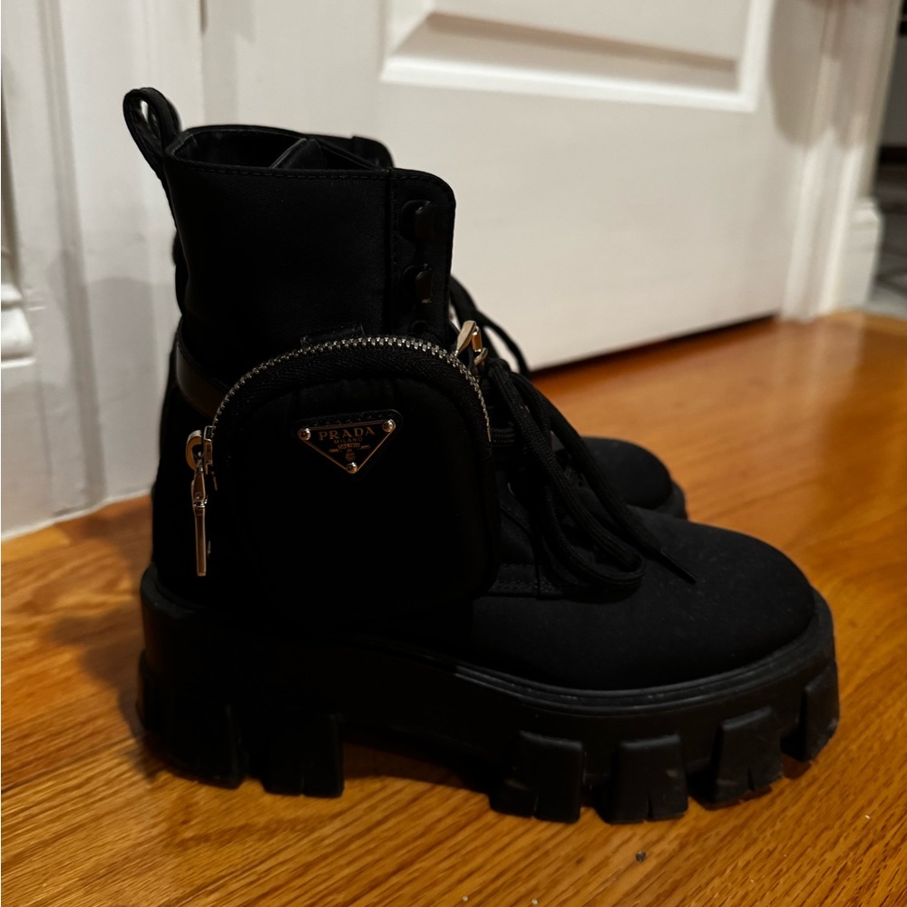 Prada Black Lace-Up Platform Combat Boots with Detachable Zip Pouch